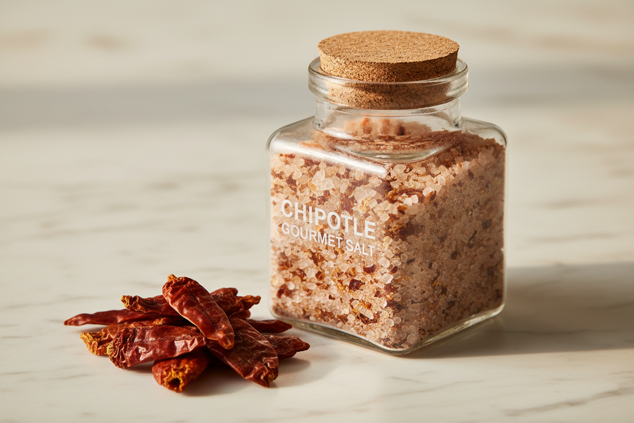Chipotle Gourmet Salt in glass jar with dried chipotle peppers