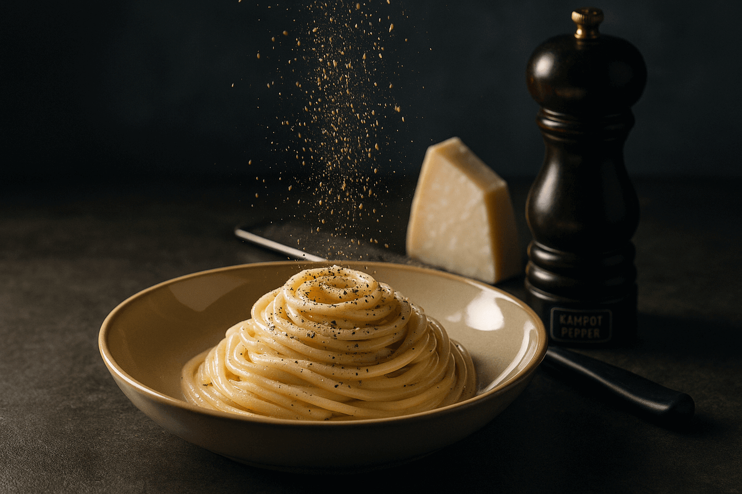 Cacio e Pepe with fresh-cracked Kampot pepper falling