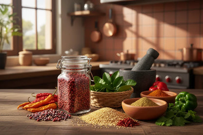 Assorted spices, red peppercorns in jar, fresh herbs, and mortar on rustic kitchen counter
