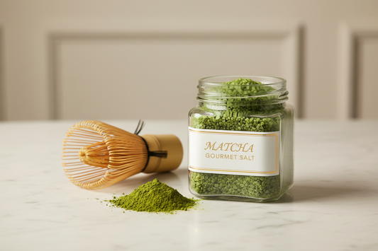 Matcha Gourmet Salt in glass jar with matcha whisk