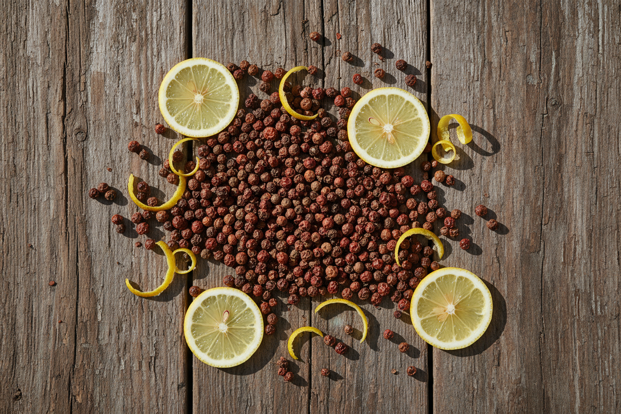 Overhead flat lay of Timut pepper with lemon