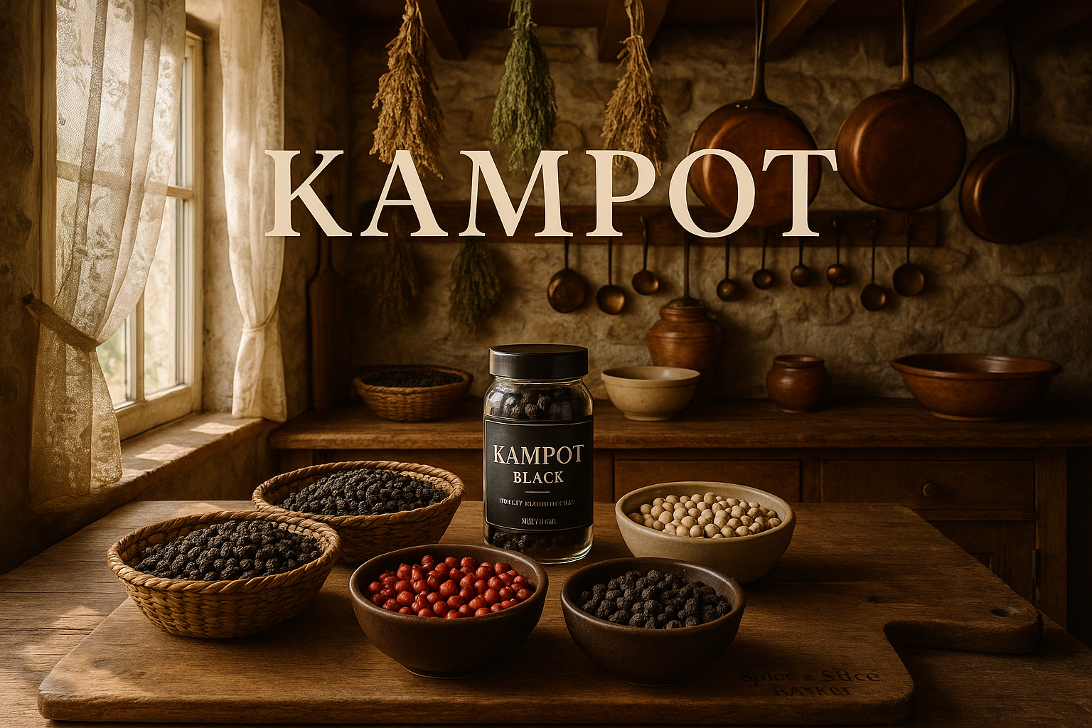 Beautiful Natural French Farmhouse Kitchen with Original Product, Emphasized KAMPOT Name, and Discreet Spice n Slice Market Branding