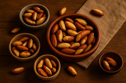 Brazil nuts in multiple wooden bowls on a wooden table with a beige cloth