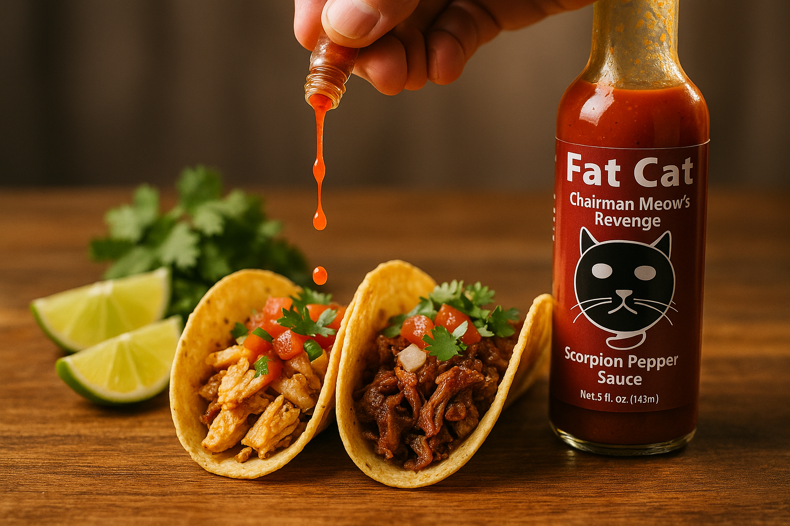 Hand drizzling hot sauce onto tacos, bottle label visible