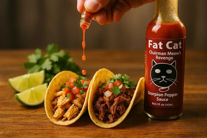 Fat Cat Scorpion Pepper Sauce bottle with tacos, hot sauce dripping, lime, and cilantro on wood table.