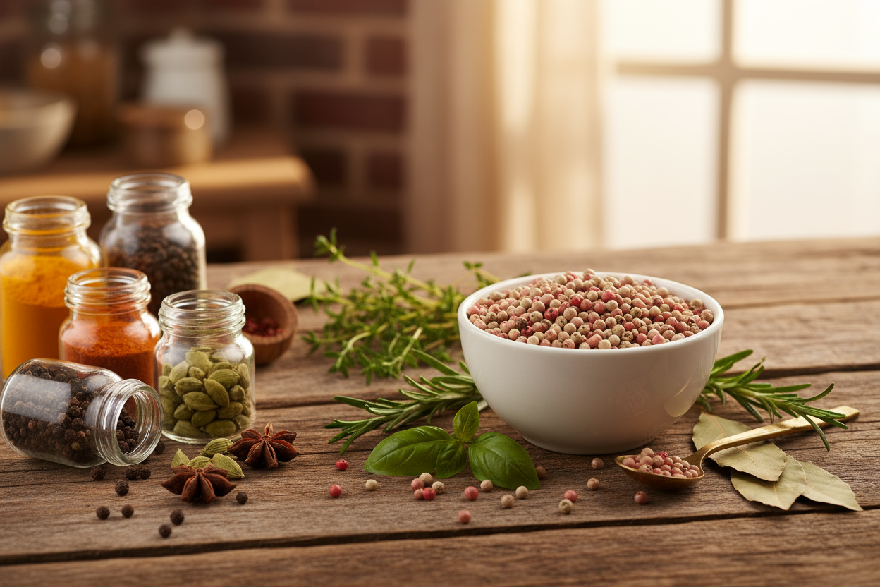 Pink peppercorns with gourmet ingredients