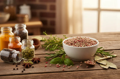 Assorted spices in jars and fresh herbs with white peppercorns in a bowl on rustic kitchen table