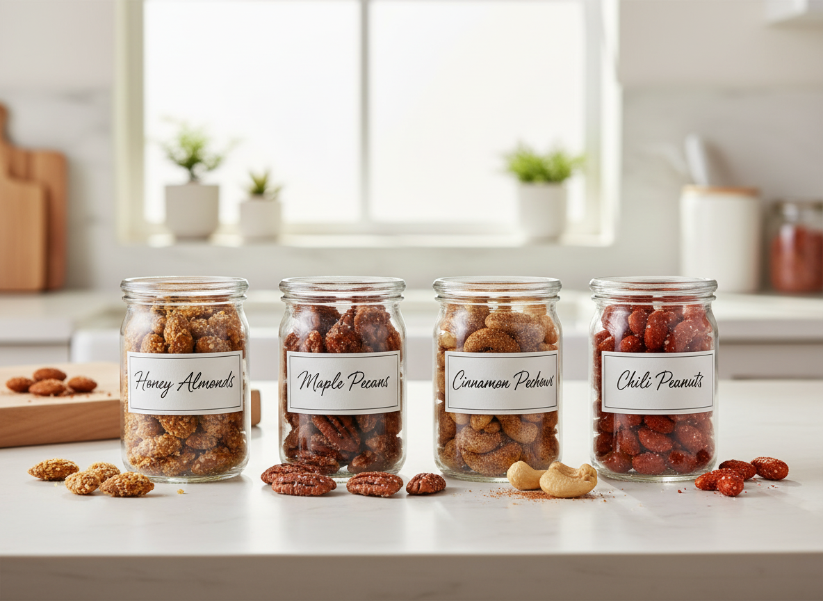 Four varieties in glass jars on counter