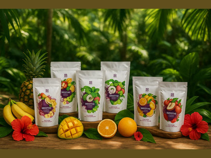 Nutritious smoothie powder pouches with tropical fruits and hibiscus on wooden table outdoors