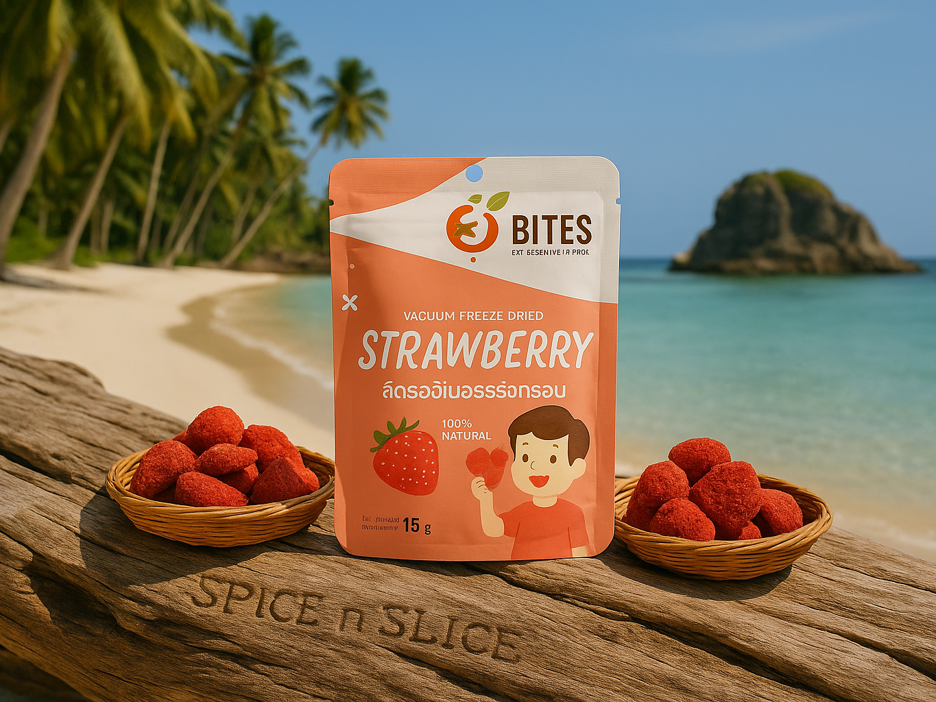 Beautiful Natural Tropical Beach Paradise with Original Product and Extremely Subtle Spice n Slice Market Branding