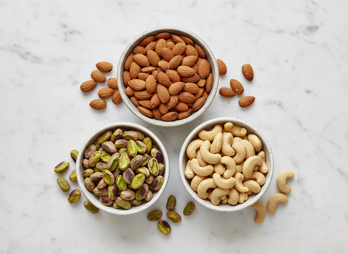 Overhead view of three nut varieties in ceramic bowls