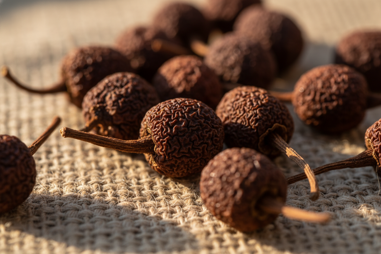 Close-up macro of cubeb pepper showing tails