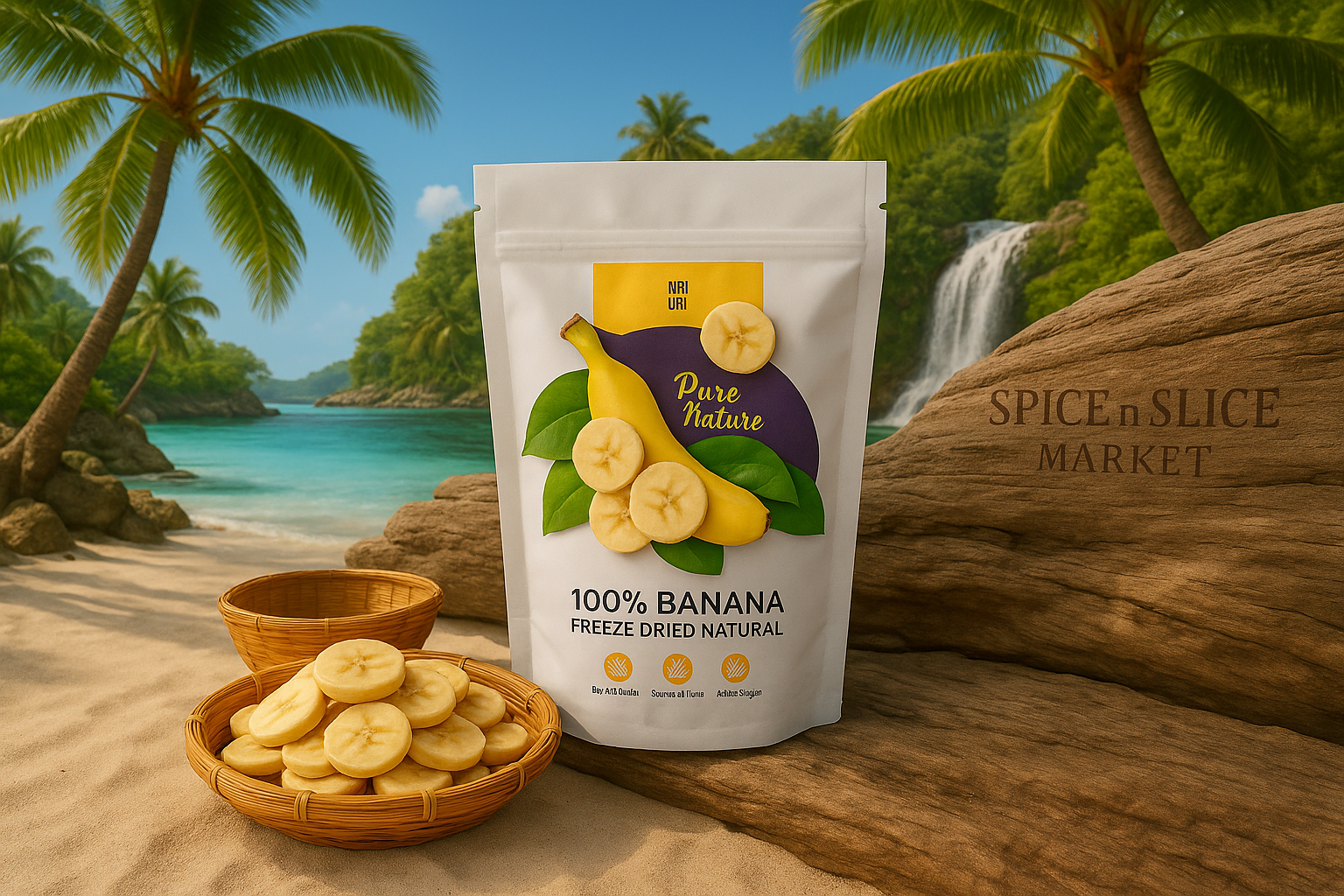 More Natural Tropical Beach Paradise with Original Product and Very Discreet Spice n Slice Market Branding