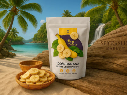 100% banana freeze dried natural snack in pouch with banana slices on beach, tropical background