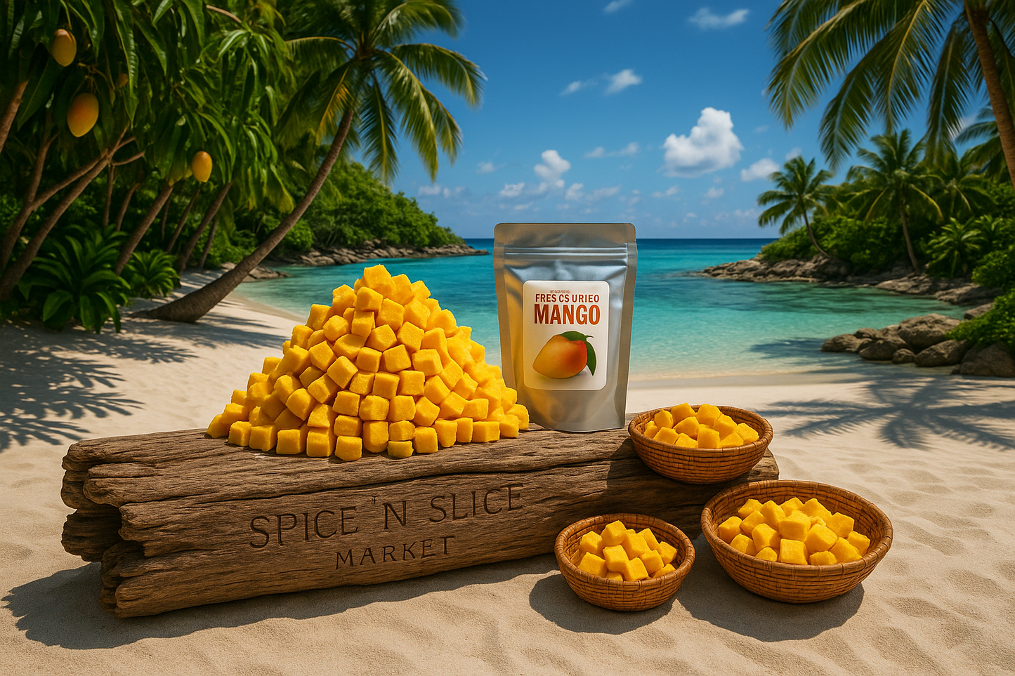 More Natural Tropical Beach Paradise with Original Product and Very Discreet Spice n Slice Market Branding