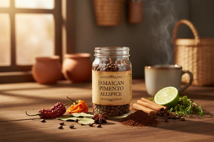 Jamaican piment in glass spice jar