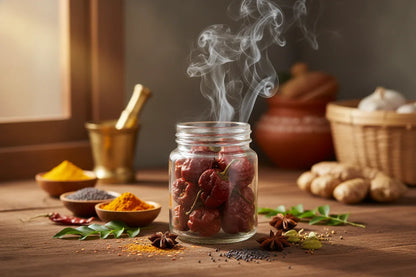 Jar of dried red chili peppers with spice bowls, star anise, and herbs on wooden kitchen table