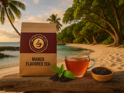 Mango flavored tea pack, glass cup of tea, and loose leaf tea on tropical beach setting