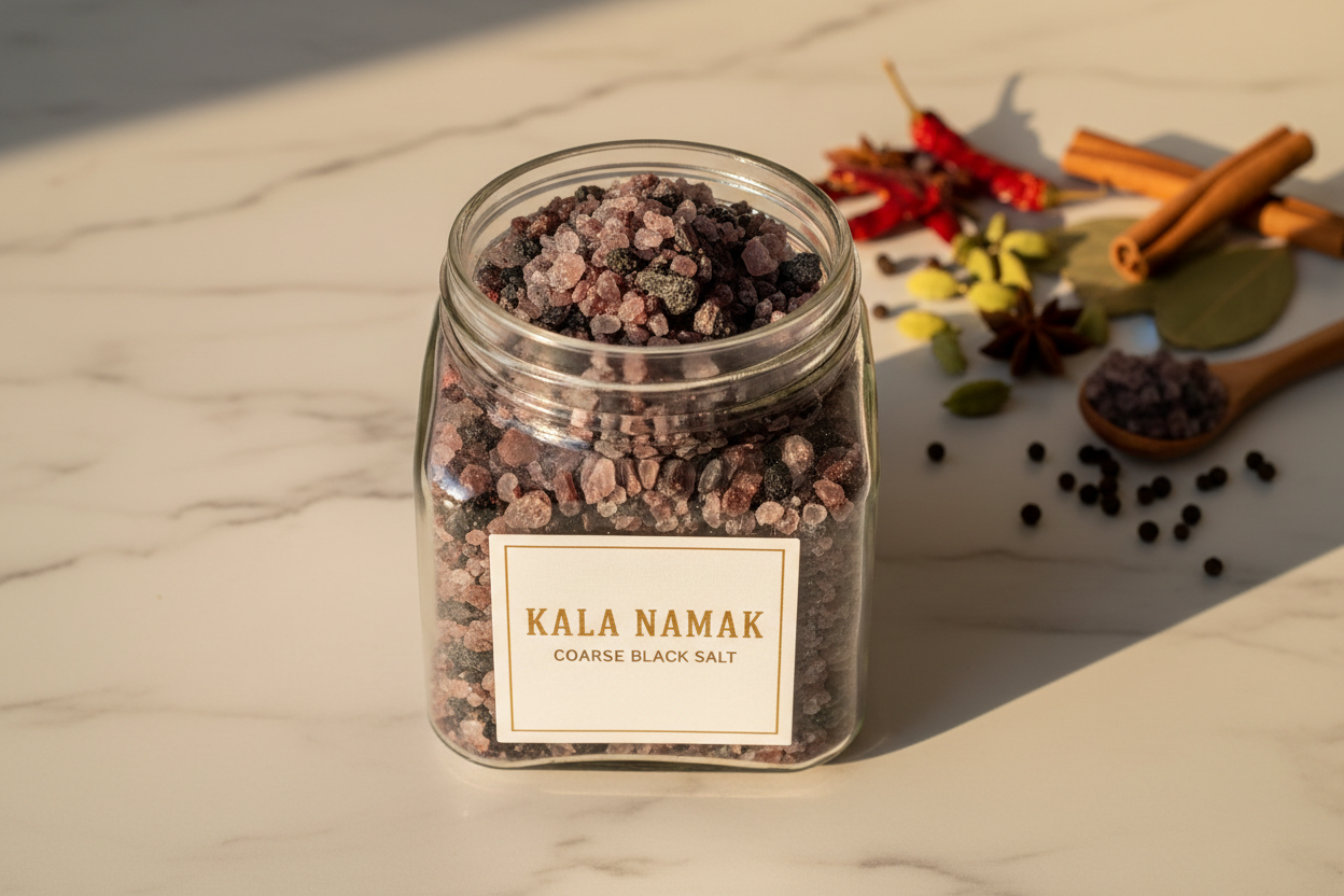 Kala Namak Coarse Black Salt in glass jar with Indian spices