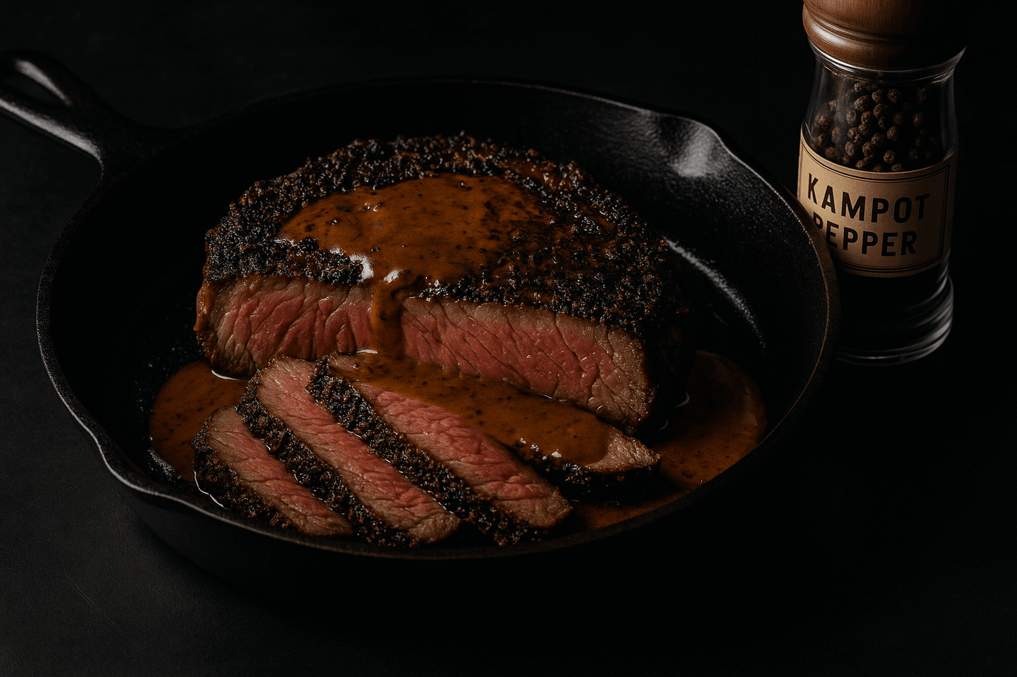 Steak au poivre with Kampot pepper crust and pan sauce