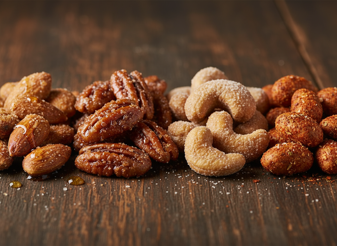 Close-up macro of four gourmet nut varieties