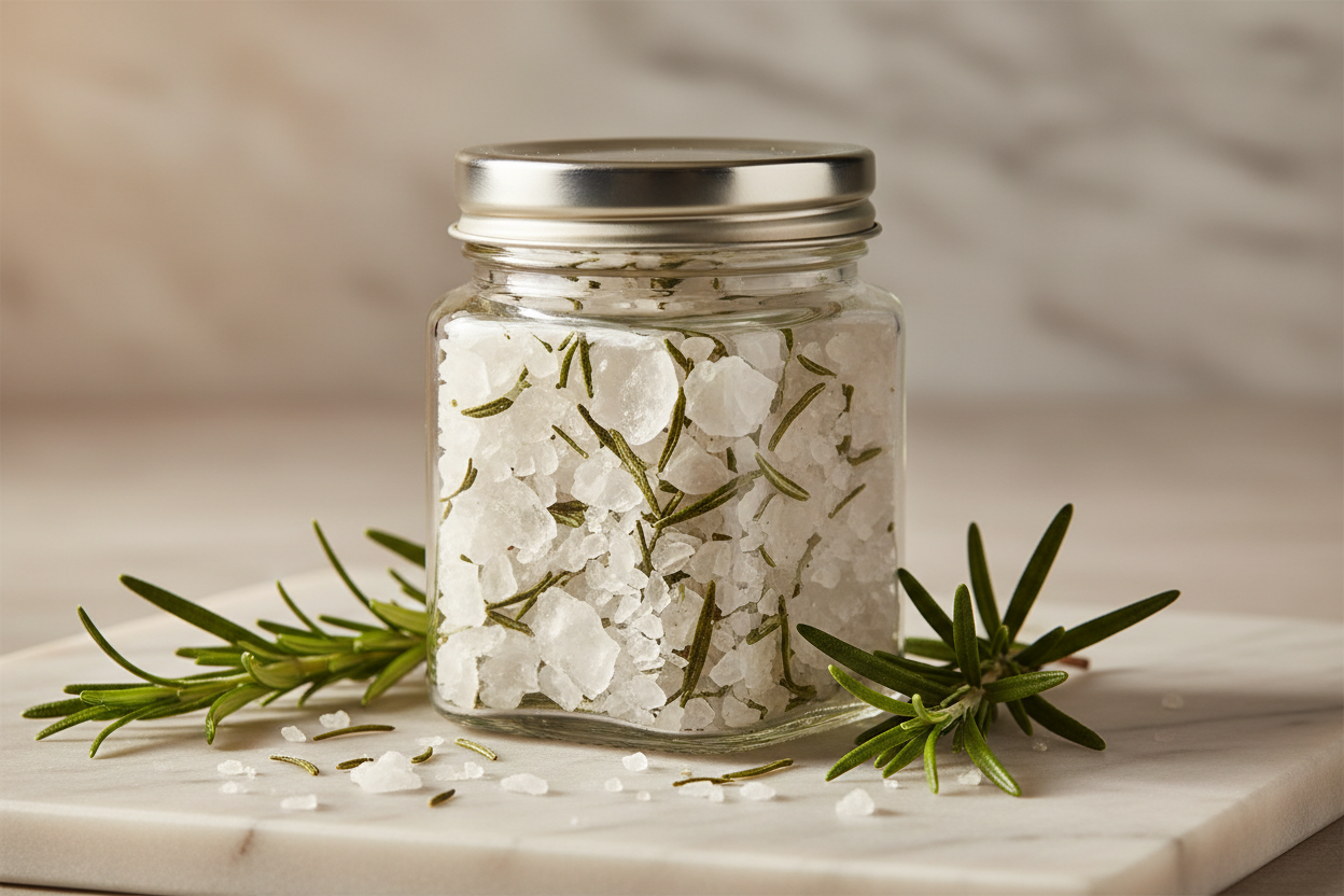Rosemary Crystal Salt Flakes in glass jar with fresh rosemary
