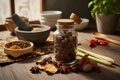 Cubeb pepper in glass spice jar