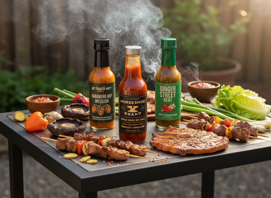 Hot sauce trio on BBQ grill table