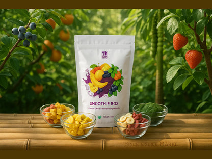 Freeze dried smoothie ingredients pack with assorted fruit and berry bowls, garden background