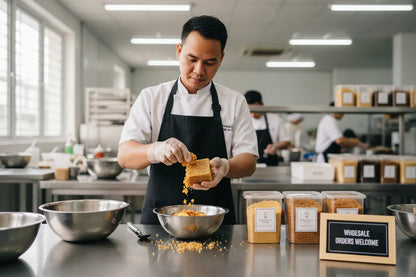 Asian chef in black apron handling brown sugar blocks in a commercial kitchen with bulk containers