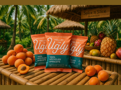 Upcycled apricot snack packs on bamboo table with fresh apricots and tropical fruit market backdrop