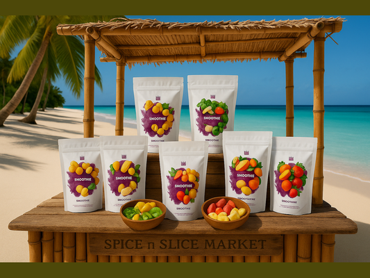 Smoothie fruit snack packs on bamboo stand at tropical beach Spice n Slice Market