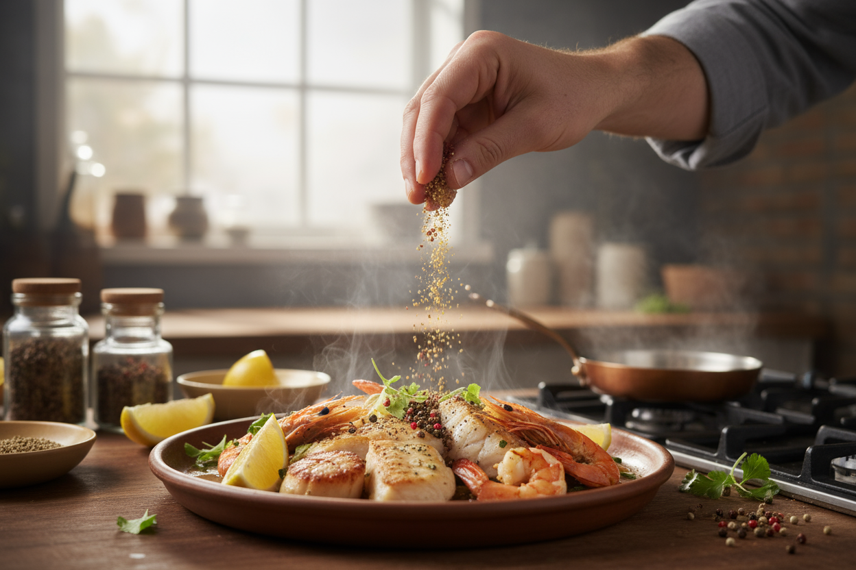 Hand sprinkling Timut lemon pepper on seafood