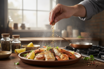 Hand sprinkling Timut lemon pepper on seafood