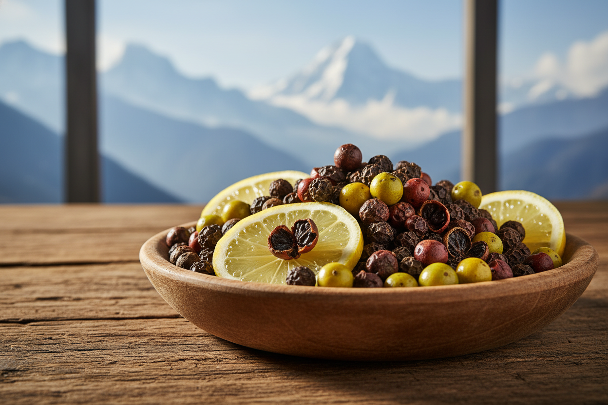Timut pepper with lemon in rustic wooden bowl