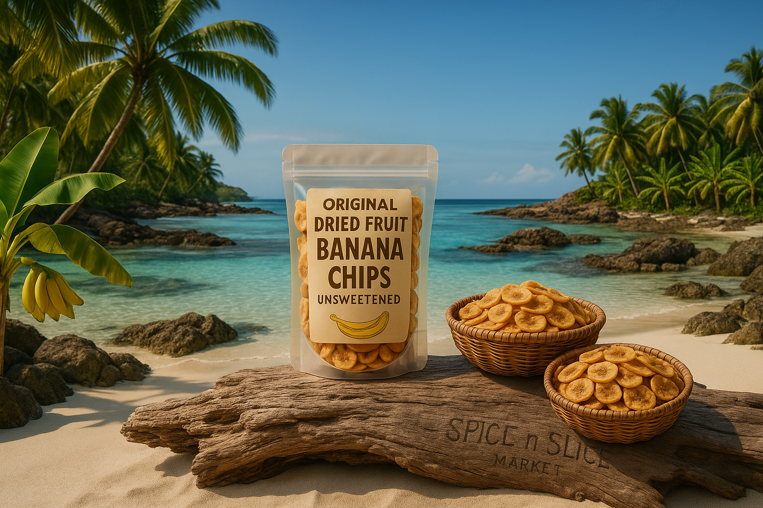 More Natural Tropical Beach Paradise with Original Product and Very Discreet Spice n Slice Market Branding