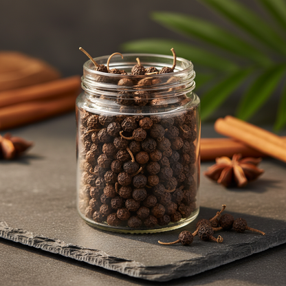 Glass jar filled with authentic Kampot peppercorns on a slate with spices, Spice n Slice Market
