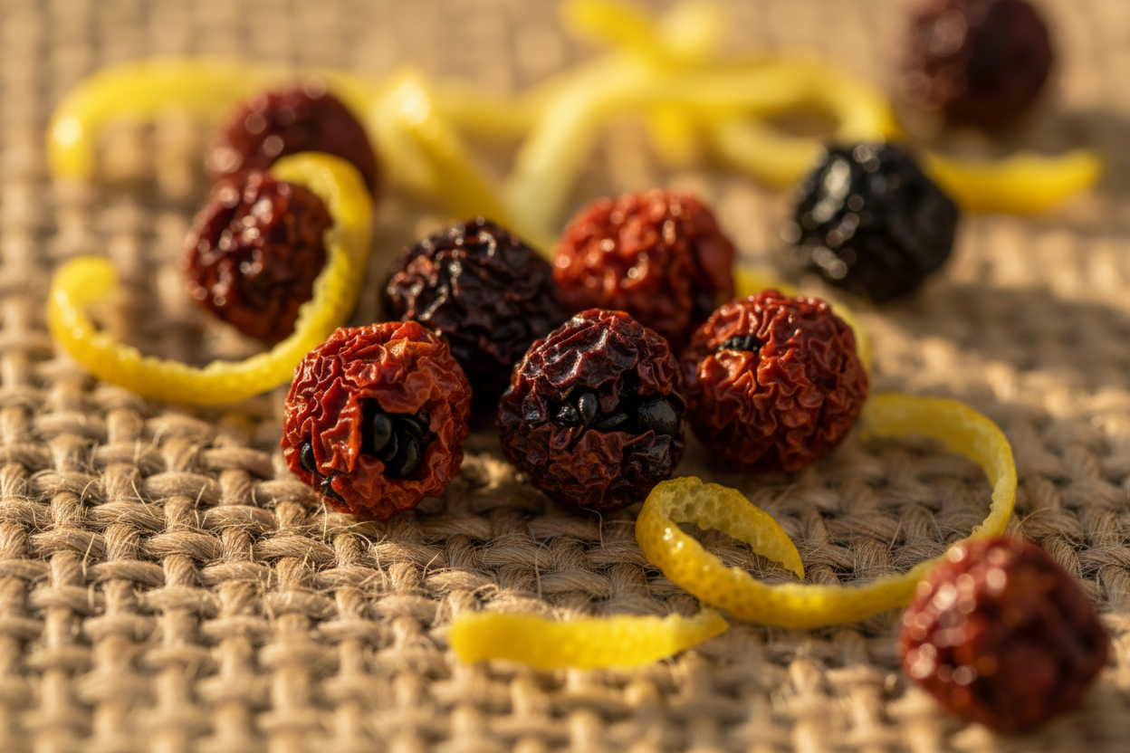 Close-up macro of Timut pepper with lemon zest