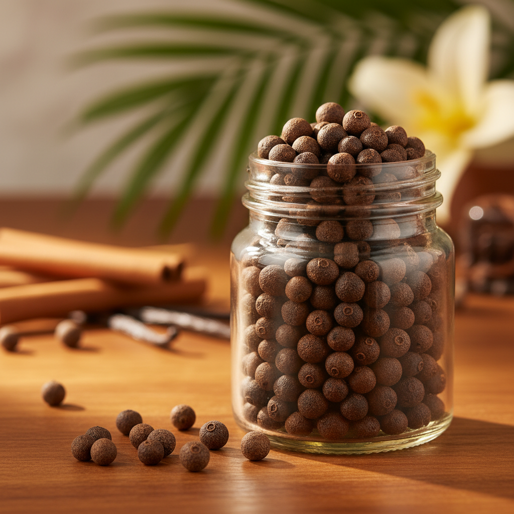 Jamaican piment allspice berries in glass jar on wood - authentic Caribbean spice
