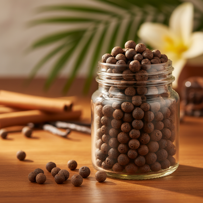 Jamaican piment allspice berries in glass jar on wood - authentic Caribbean spice