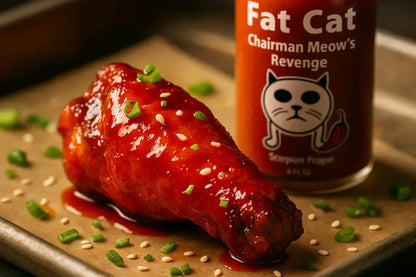 Spicy glazed chicken drumstick topped with sesame seeds, green onions, and Fat Cat hot sauce bottle