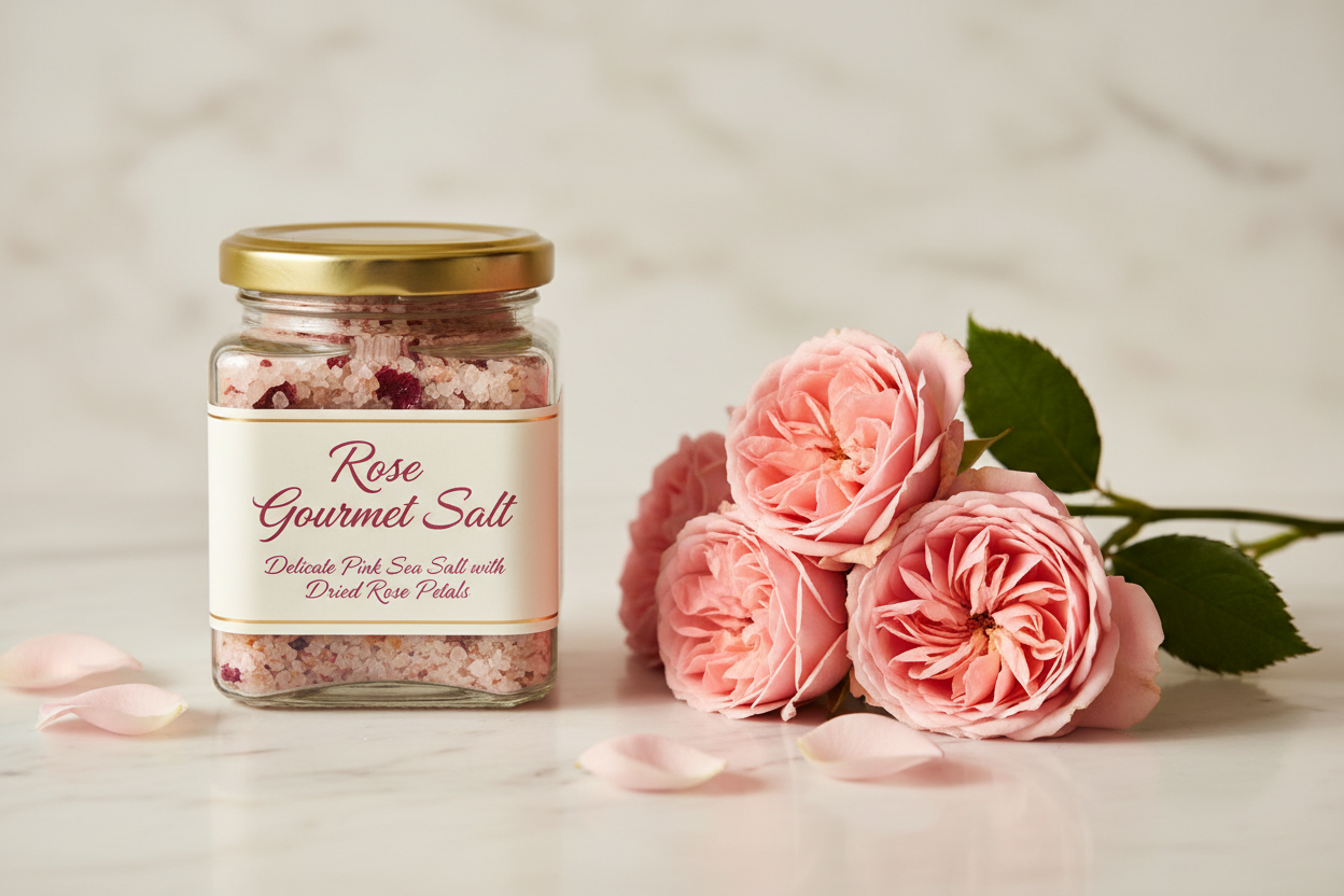 Rose Gourmet Salt in glass jar with fresh roses