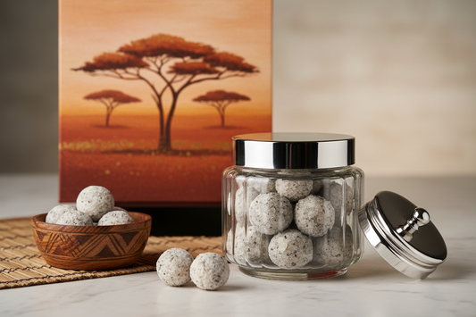 African Salt Pearls in glass jar with wooden bowl