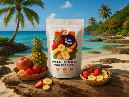 Freeze dried fruit snacks mix with apple, pineapple, berries on tropical beach setting