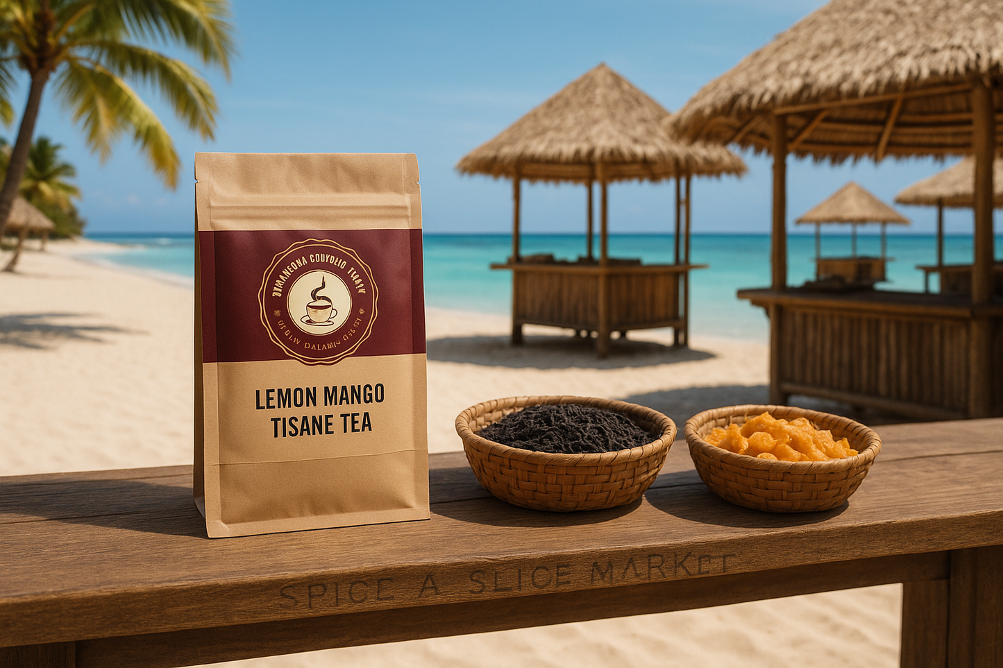 Original Product in Beautiful Tropical Beach Market with Very Discreet Spice n Slice Market Branding