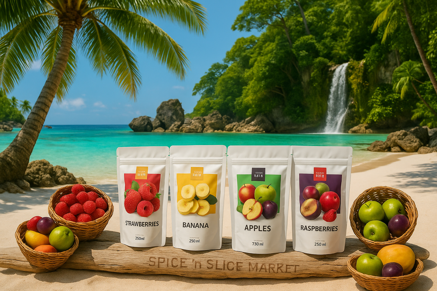 More Natural Tropical Beach Paradise with Original Product and Very Discreet Spice n Slice Market Branding