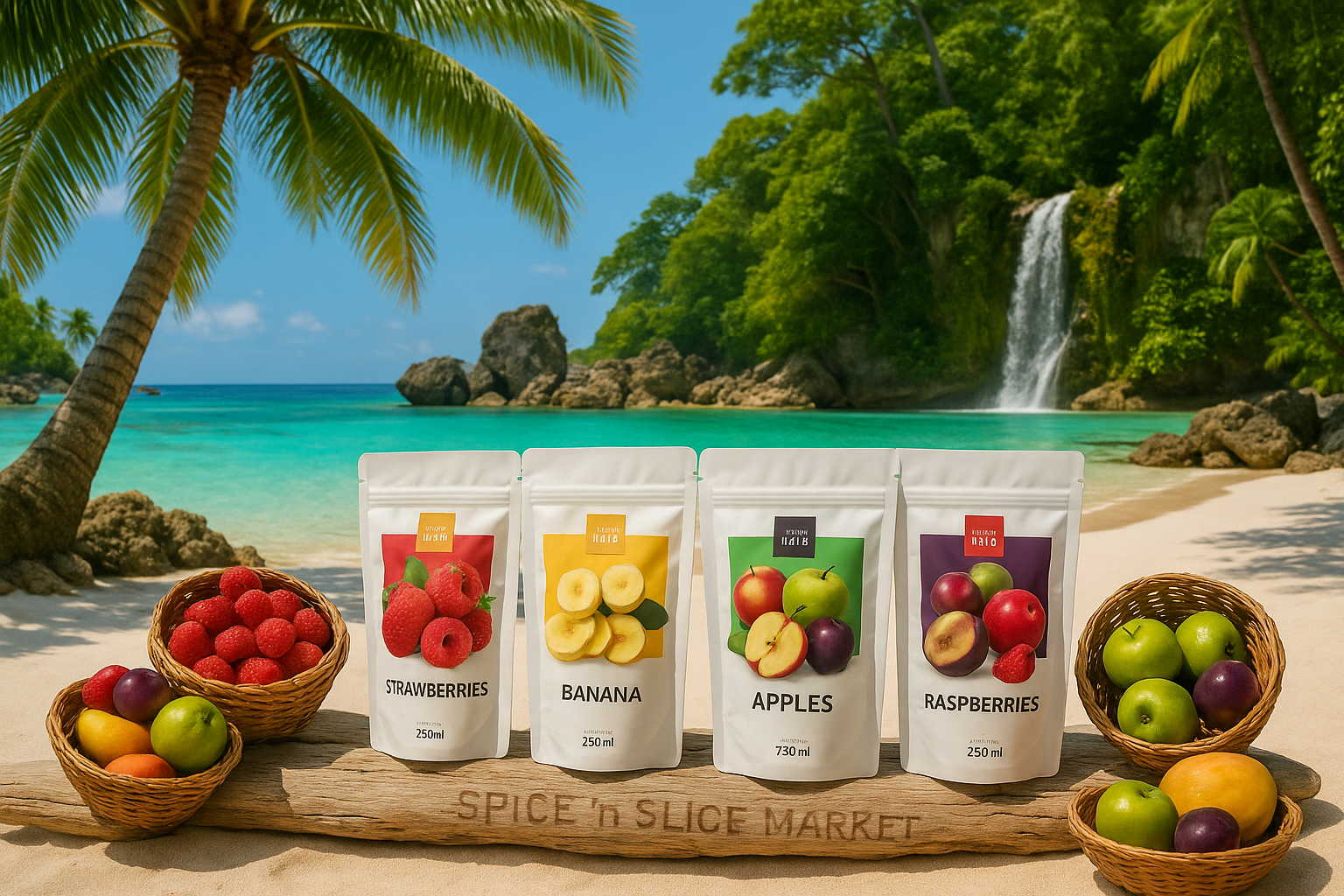 More Natural Tropical Beach Paradise with Original Product and Very Discreet Spice n Slice Market Branding