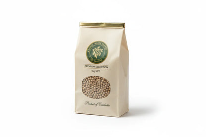 1kg bag of Kampot white pepper with gold top, transparent window showing peppercorns, product of Cambodia