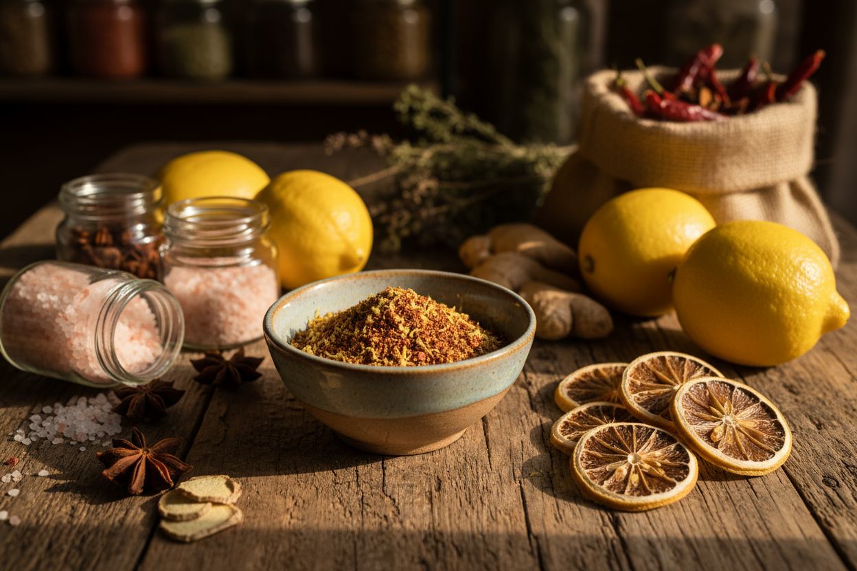 Timut and lemon pepper with fresh lemons