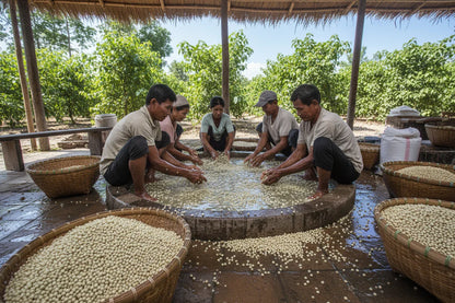 Five workers washing and processing soybeans in a circular stone basin under a thatched roof